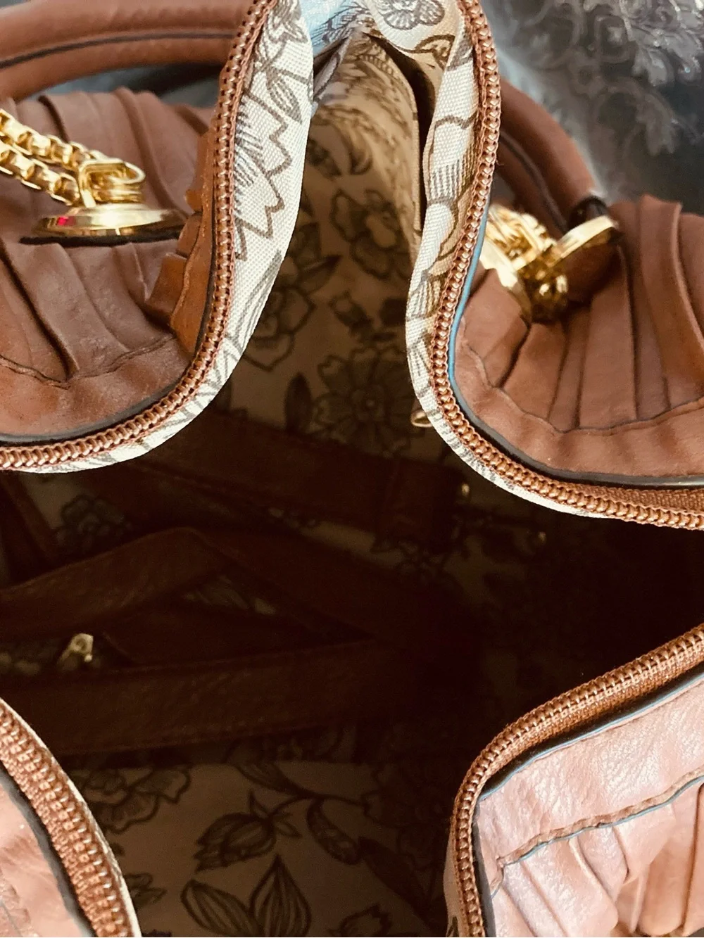 Pleated Satchel Handbag in Rich Brown with Gold Hardware